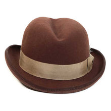 Load image into Gallery viewer, Carlisle Hats Johnny Royale Brown Latte fedora with a wide brim and decorative band, stylish accessory for men.