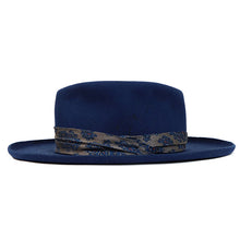 Load image into Gallery viewer, Northcote Blue Fedora by Carlisle Hats featuring a stylish blue felt hat with a wide brim and classic design.
