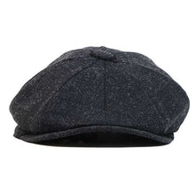 Load image into Gallery viewer, Black Shetland Wool Twill Newsboy Cap by Carlisle Hats, medium size, showing the classic rounded crown and brim design.