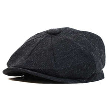 Load image into Gallery viewer, Black Shetland Wool Newsboy Cap by Carlisle Hats, medium size 58cm, featuring twill fabric and classic design.
