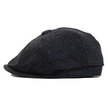 Load image into Gallery viewer, Black Shetland wool Newsboy Cap by Carlisle Hats with twill fabric and a medium 58cm size.