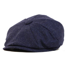 Load image into Gallery viewer, Black Carlisle Hats newsboy cap made of Shetland wool and twill fabric, featuring a classic, rounded style with a short brim.