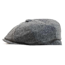 Load image into Gallery viewer, Black Carlisle Hats newsboy cap made of Shetland wool twill, featuring a classic round crown and brim, size 58cm.