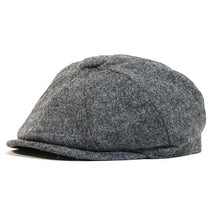 Load image into Gallery viewer, Black Newsboy Cap made of Shetland wool and twill fabric by Carlisle Hats, shown in medium size with a classic rounded crown.