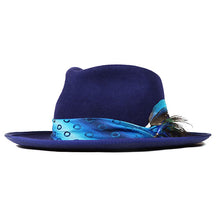 Load image into Gallery viewer, Blue peacock bucket hat by Carlisle Hats featuring a stylish design and comfortable fit, shown in a close-up image.