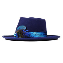 Load image into Gallery viewer, Blue peacock Camden Street bucket hat by Carlisle Hats featuring a stylish wide brim and vibrant feather pattern.