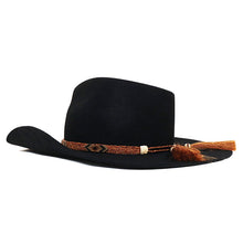 Load image into Gallery viewer, Black and tan Camden Cowboy Hat by Carlisle Hats, featuring a wide brim and classic Western style.