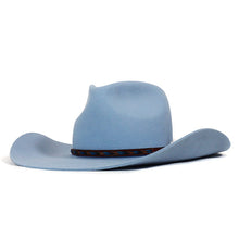 Load image into Gallery viewer, Sky blue and brown cowboy hat with wide brim and decorative band from Carlisle Hats' Camden Cowboy collection.