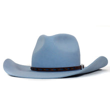 Load image into Gallery viewer, Sky blue and brown Camden cowboy hat by Carlisle Hats featuring classic Western style and durable leather construction.