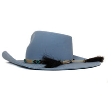 Load image into Gallery viewer, Sky blue turquoise cowboy hat by Carlisle Hats, Camden Cowboy style, 55cm brim, with classic western design and stitching details.