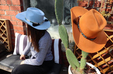 Load image into Gallery viewer, Sky blue turquoise cowboy hat by Carlisle Hats, Camden Cowboy style, 55cm brim, stylish western headwear.