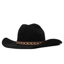 Load image into Gallery viewer, Carlisle Hats St Kilda Road Cowboy Hat in black with multi-colored natural accents, 55cm wide brim, stylish western cowboy hat.