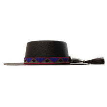 Load image into Gallery viewer, Black Panama straw fedora with beaded accents, Spanish Rider style by Carlisle Hats, 55cm.