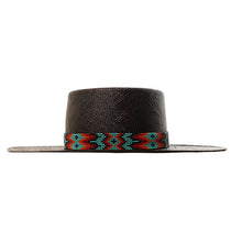 Load image into Gallery viewer, Black Panama straw fedora hat with beaded band by Carlisle Hats, featuring a classic Spanish Rider style and 55cm size.