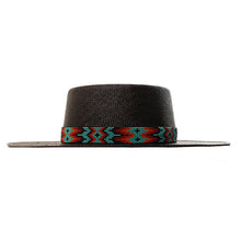 Load image into Gallery viewer, Black Spanish Rider Panama straw fedora hat with beaded band by Carlisle Hats, showing the stylish wide brim and detailed beadwork.
