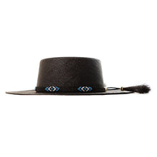 Load image into Gallery viewer, Black Panama straw fedora hat with beaded band from Carlisle Hats, featuring a classic Spanish Rider style and 55cm size.