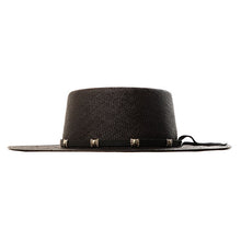 Load image into Gallery viewer, Black Spanish Rider Fedora hat with Panama straw and leather accents by Carlisle Hats, displayed on a neutral background.