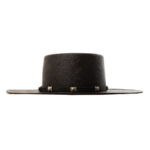 Load image into Gallery viewer, Black Spanish Rider Fedora hat by Carlisle Hats made of Panama straw and leather, shown on a neutral background.