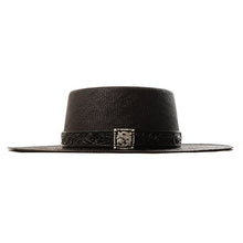 Load image into Gallery viewer, Black Panama straw fedora with leather band by Carlisle Hats, featuring a classic Spanish Rider style and 55cm size.