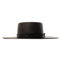 Load image into Gallery viewer, Black Spanish Rider Fedora made of Panama straw and leather by Carlisle Hats, featuring a classic wide brim and stylish design.