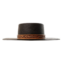 Load image into Gallery viewer, Spanish Rider Black Panama Straw Fedora with leather band by Carlisle Hats, featuring a classic wide brim and stylish design.