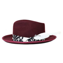 Load image into Gallery viewer, Carlisle Hats Camden Street Fedora in burgundy, black, and white, showing the stylish wool hat with a wide brim and ribbon band.