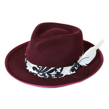 Load image into Gallery viewer, Carlisle Hats Camden Street burgundy, black and white fedora with wide brim and stylish design, 55cm size.