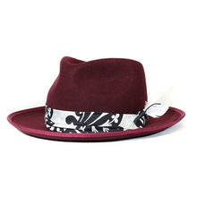 Load image into Gallery viewer, Carlisle Hats Camden Street burgundy, black and white fedora with a classic wide brim and stylish band, size 55cm.
