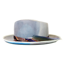 Load image into Gallery viewer, Carlisle Hats Camden Street Grey Blue Marble Dye fedora hat with a woven ribbon band, 55cm size, stylish and lightweight.