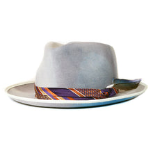 Load image into Gallery viewer, Grey and blue marble dye fedora hat by Carlisle Hats, stylish accessory with a classic brim and textured finish.