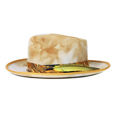 Load image into Gallery viewer, Carlisle Hats Camden Street yellow mustard marble dye fedora hat with wide brim and pinched crown, 55cm.