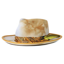 Load image into Gallery viewer, Carlisle Hats Camden Street yellow mustard marble dye fedora hat, 55cm, with a stylish wide brim and classic fedora shape.