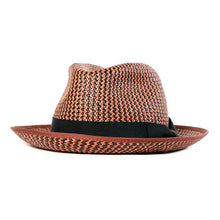 Load image into Gallery viewer, Carlisle Hats Elwood Panama straw fedora with amber tan and black accents, featuring a classic design and wide brim.