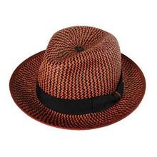 Load image into Gallery viewer, Carlisle Hats Elwood Panama straw fedora in amber tan and black, featuring a classic wide brim and stylish design.