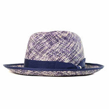 Load image into Gallery viewer, Blue Elwood Panama straw fedora hat by Carlisle Hats with a woven design and a wide brim, size 55cm.