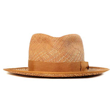 Load image into Gallery viewer, Carlisle Hats Fitzroy Street Panama Straw Fedora in golden tan with a wide brim and stylish band, perfect for sun protection and fashion.
