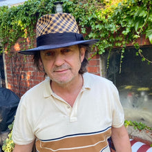 Load image into Gallery viewer, Carlisle Hats Fitzroy Street Panama Straw Fedora with Houdstooth pattern, 55cm, featuring a classic wide brim and stylish design.
