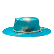 Load image into Gallery viewer, Spanish Blue Sky Fedora by Carlisle Hats, a stylish blue fedora with a classic design and wide brim, shown from a front angle.