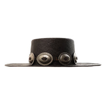 Load image into Gallery viewer, Carlisle Hats SRV Black Panama Straw fedora with leather conchos, 55cm size, stylish wide-brim accessory for sun protection