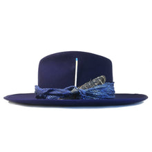 Load image into Gallery viewer, Carlisle Hats Duke Street Blue fedora with a wide brim and stylish band, showcasing a classic and elegant design for men.