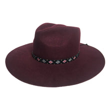 Load image into Gallery viewer, Carlisle Hats Camden EW Miyuki Beads Wine Fedora hat with decorative beadband and wide brim for stylish sun protection.