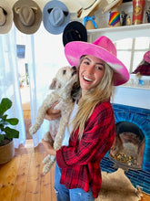 Load image into Gallery viewer, Pink marble dye fedora hat by Carlisle Hats, Camden Street style, with a wide brim and textured marble finish.
