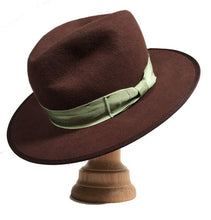 Load image into Gallery viewer, Carlisle Hats Nelson Street Choc Mint fedora made of 100% merino wool felt, featuring a stylish brim and classic design.