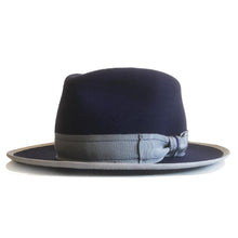 Load image into Gallery viewer, Blue Camden Street Fedora hat by Carlisle Hats featuring a classic fedora style with a wide brim and stylish band detail.