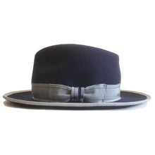 Load image into Gallery viewer, Blue Camden Street Fedora hat by Carlisle Hats, featuring a classic fedora design with a wide brim and stylish ribbon band.