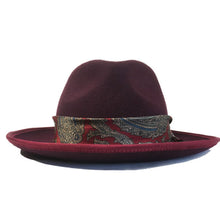 Load image into Gallery viewer, Carlisle Hats Camden Street X Fedora in burgundy with gold accents, featuring a classic fedora shape and stylish design.