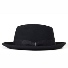 Load image into Gallery viewer, Black Elwood Fedora by Carlisle Hats featuring a classic fedora design and a stylish, wide brim.