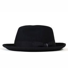 Load image into Gallery viewer, Black Elwood Fedora by Carlisle Hats featuring a classic wide brim and pinched crown, stylish and versatile for any wardrobe.