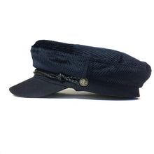 Load image into Gallery viewer, Black Carlisle Hats Skipper Cap Velour Cord, a classic fisherman cap with a soft velour cord design, shown in a close-up image.