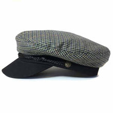 Load image into Gallery viewer, Carlisle Hats fisherman cap in small herringbone tweed, classic skipper style with brim and textured fabric.